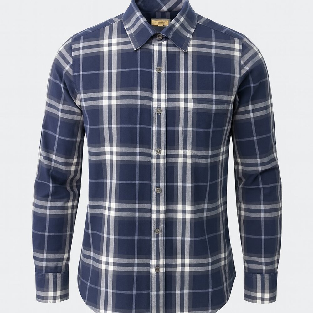 BURBERRY Shirt (M, Navy/Checkered, Cotton)